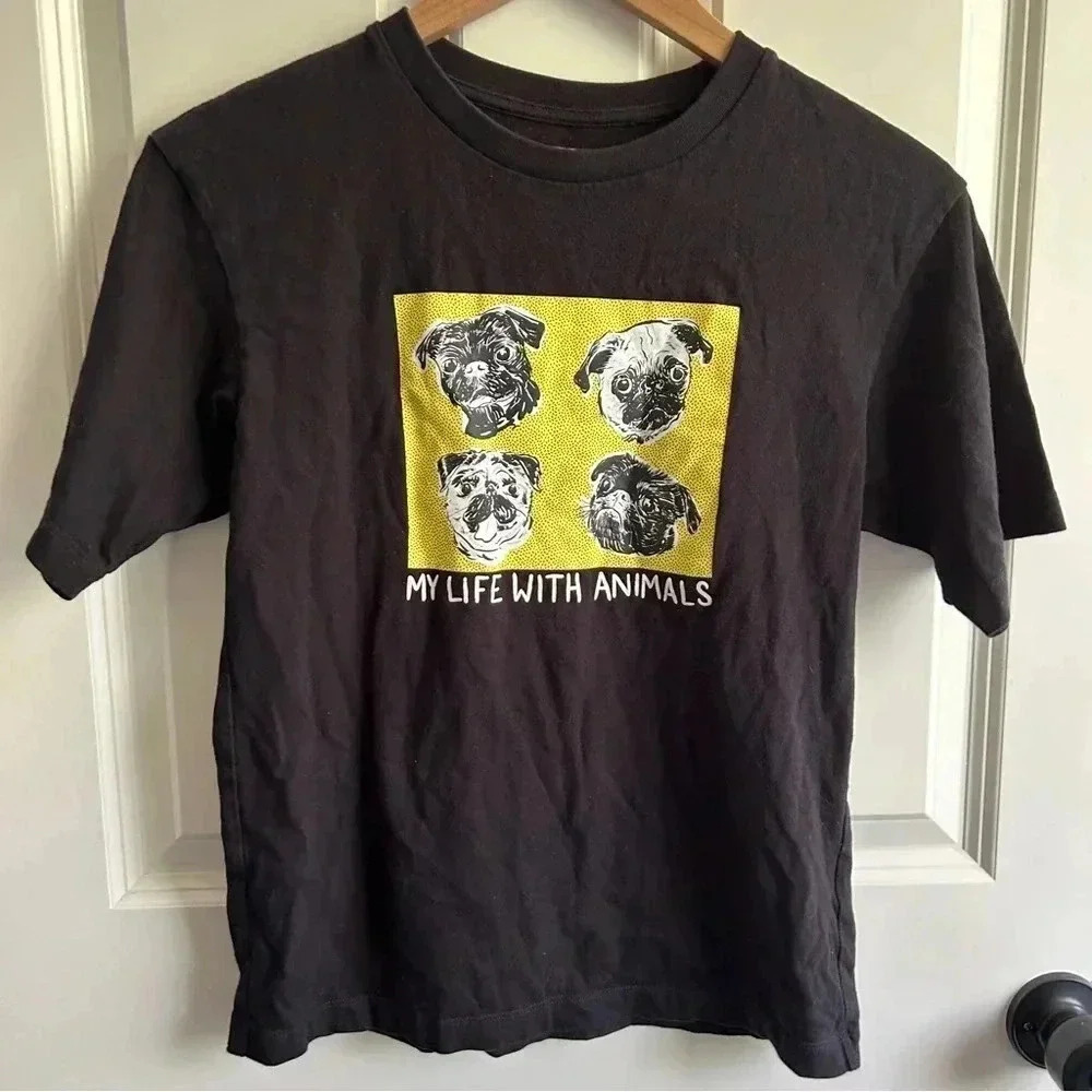 EUC black Uniqlo UT “My Life with Animals” pug graphic tee. Size XS - runs big